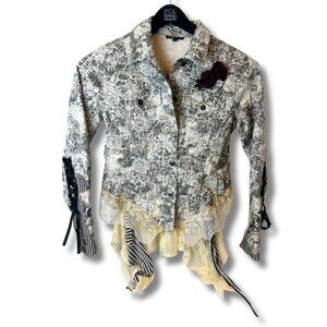 Boho Denim Jacket Women’s Small Lace Ruffle Embellished Cropped Victorian Y2K